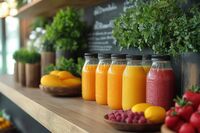 Flaschen mit verschiedenen Sorten Smoothie stehen auf einer Bar.